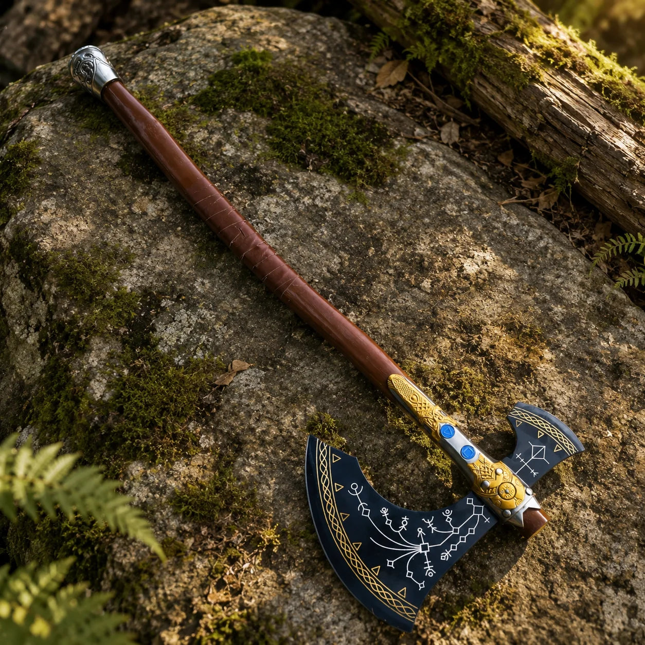 Kratos Leviathan Axe decorative prop replica displayed on mossy rock God of War collectible
