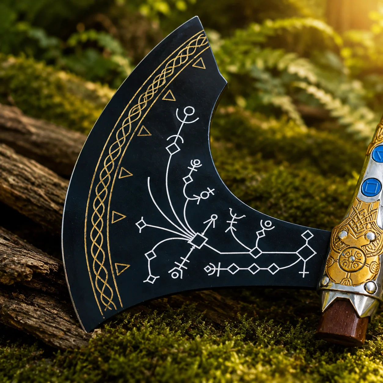 Kratos Leviathan Axe prop replica God of War blade with Norse rune engravings close-up