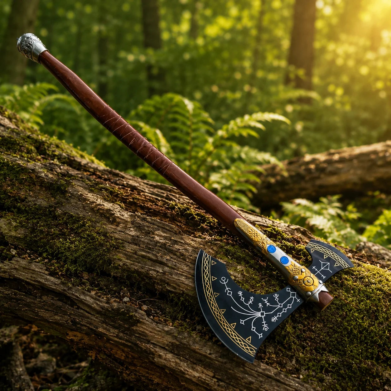 God of War Leviathan Axe fan replica side profile resting on log in forest setting