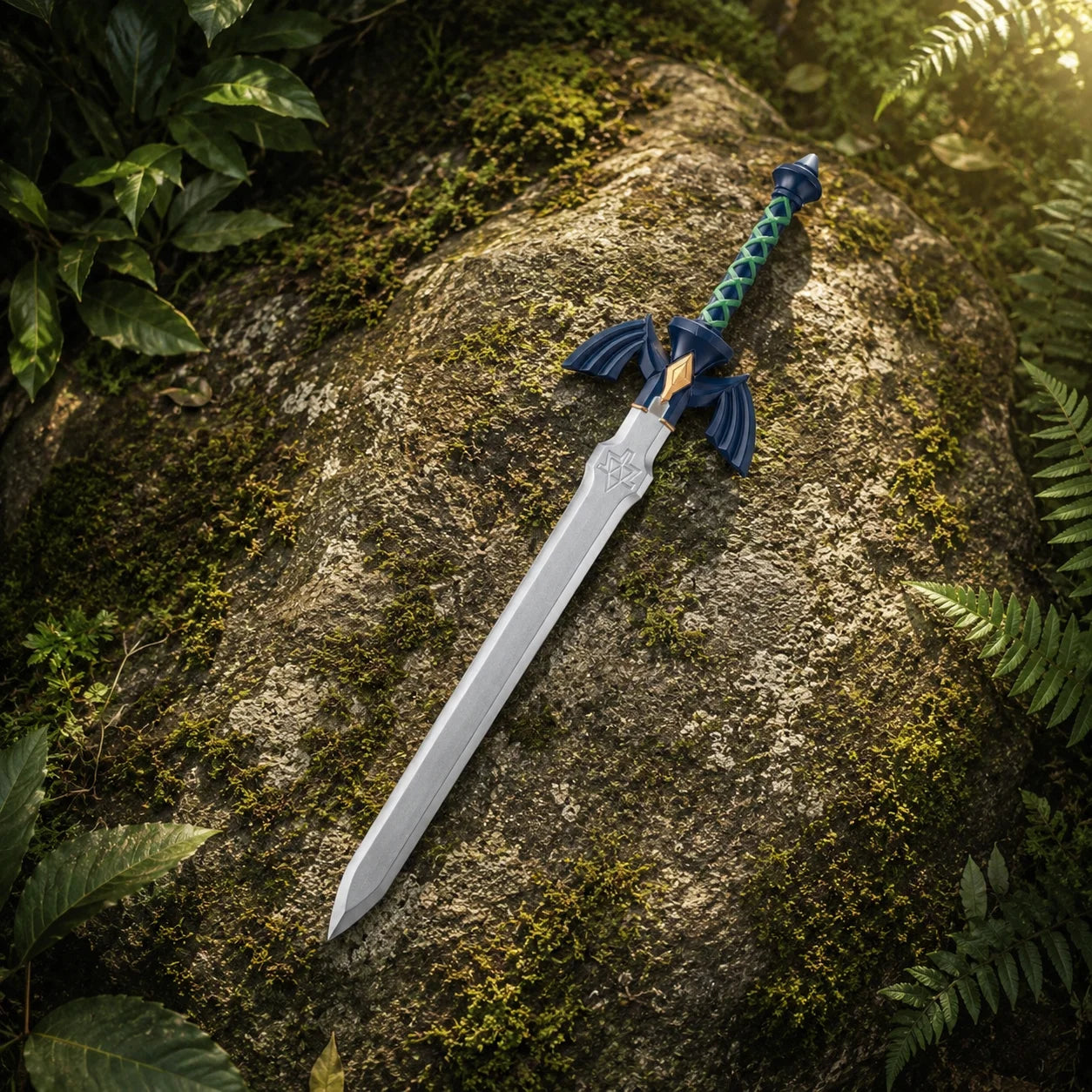 Link's Master Sword fan-inspired prop replica displayed on mossy rock – Legend of Zelda collectible