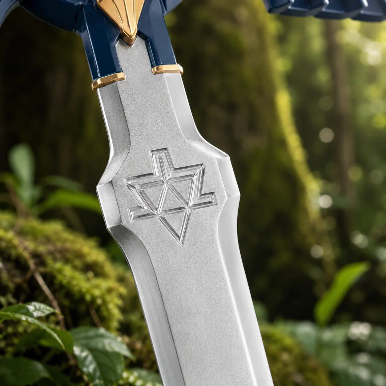 Master Sword Zelda prop replica close-up of engraved Hyrule crest on polished display finish blade