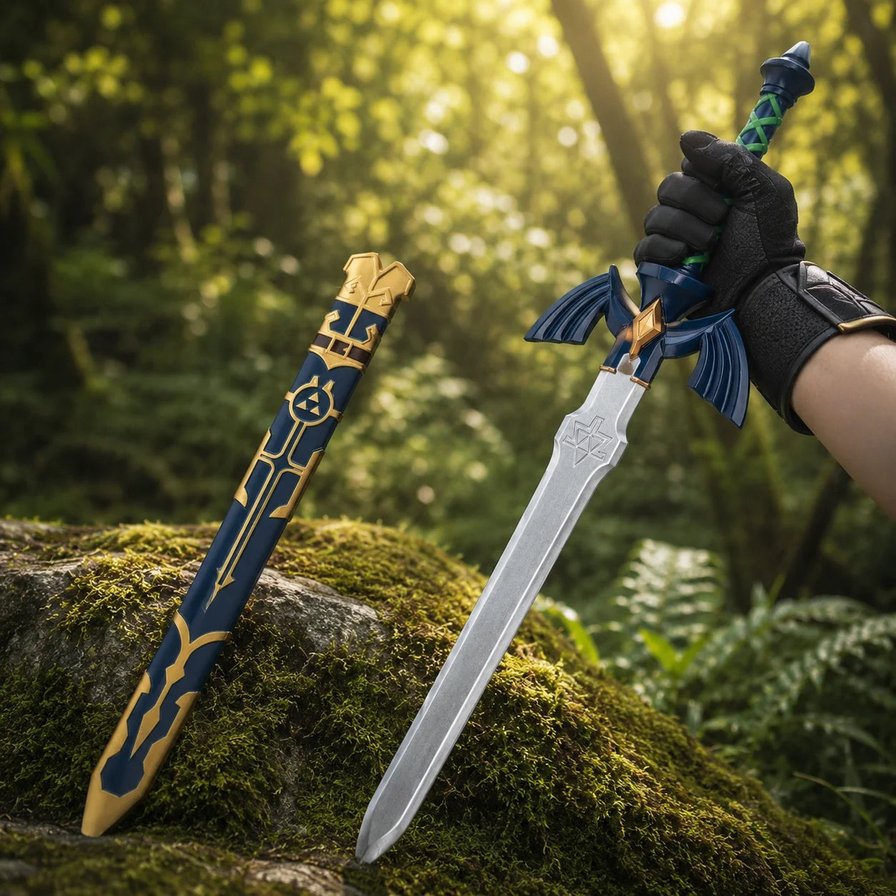 Link Master Sword cosplay accessory prop replica held in hand with Triforce scabbard – Zelda fan gift
