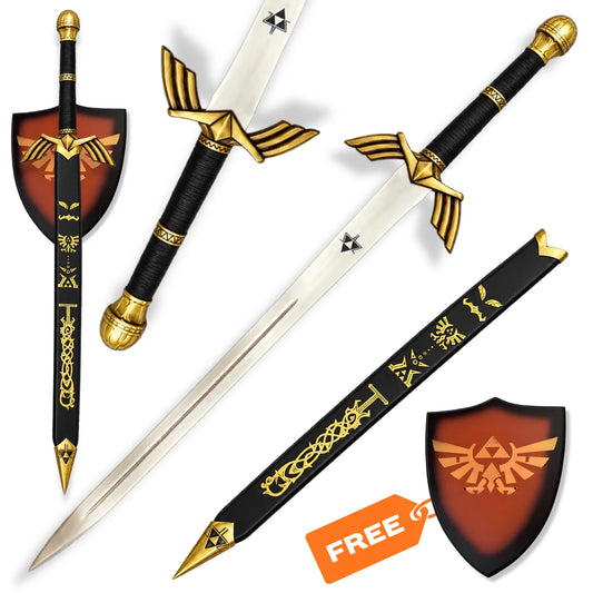 Link Ornate Prophecy Sword prop replica inspired by Legend of Zelda with silver blade, gold winged guard, black handle and black scabbard
