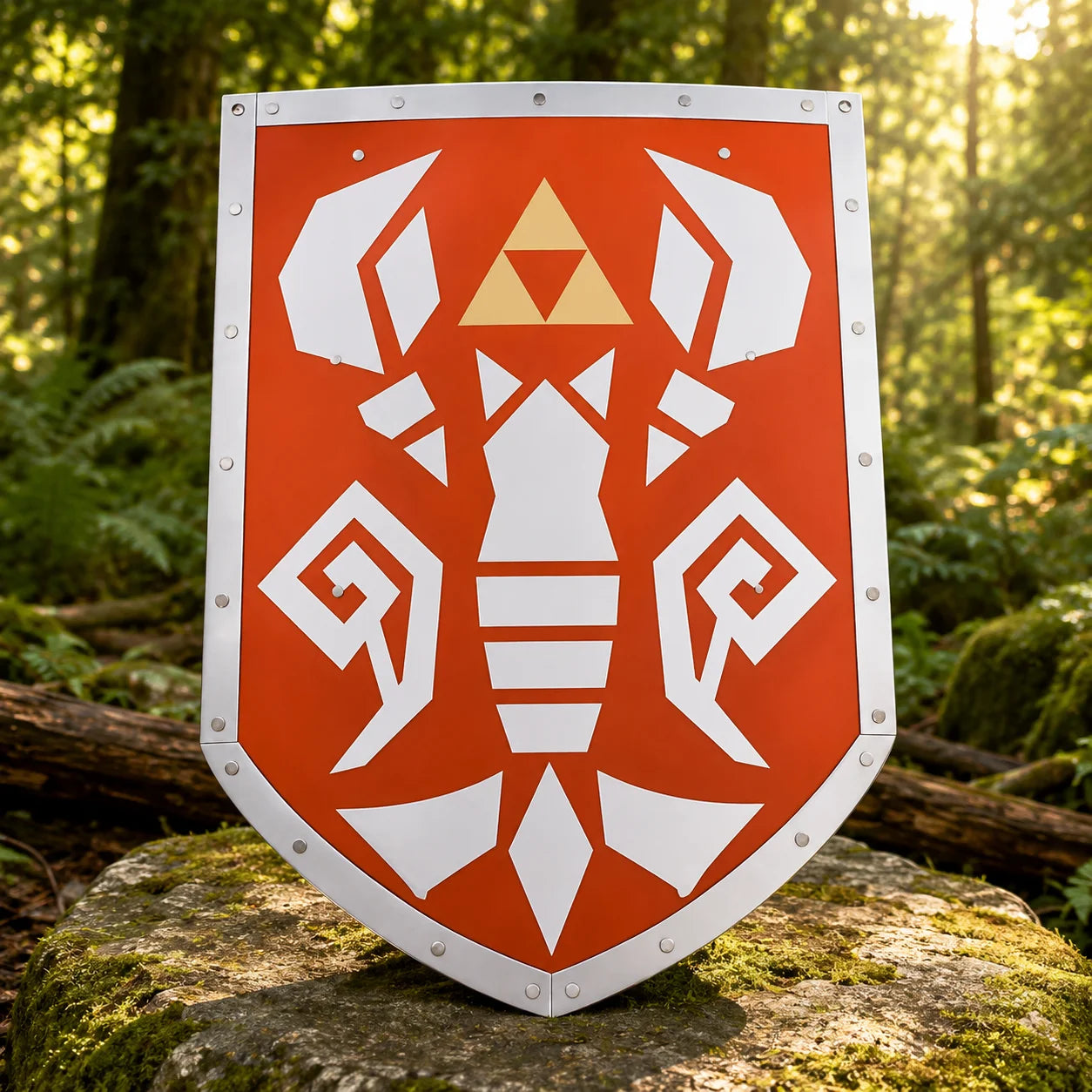 Close-up of Phantom Hourglass Shield Triforce emblem – hand-painted gold and red display finish