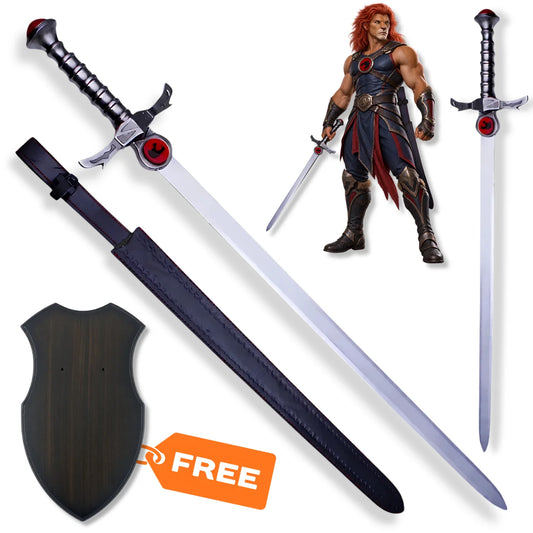 Lion-O Sword of Omens ThunderCats prop replica featuring Eye of Thundera hilt with black scabbard and wall display plaque