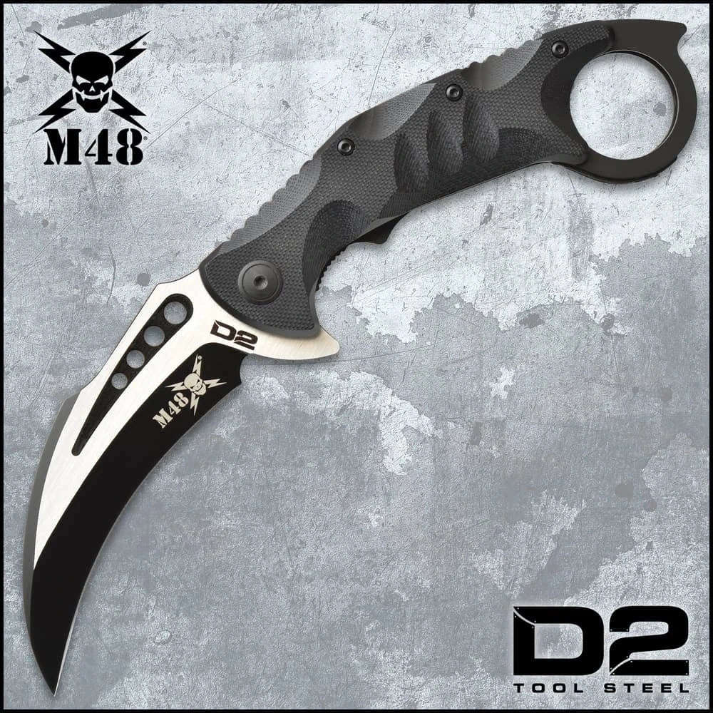 M48 Titan karambit prop replica with black textured handle display detail