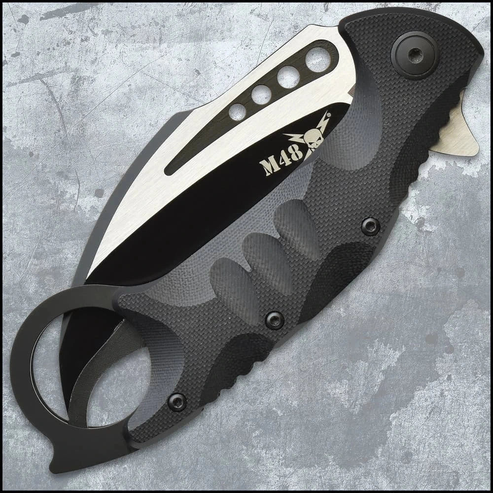 M48 karambit display collectible with open-ring pommel and black grip