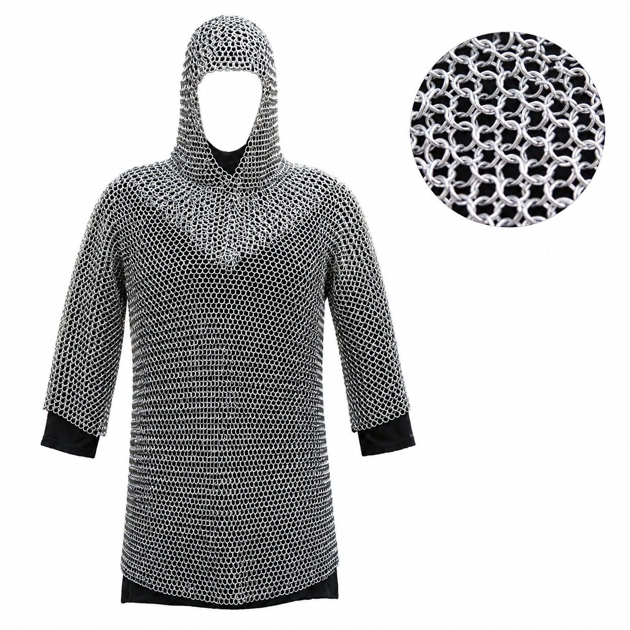Medieval chain mail shirt hauberk prop replica – close-up ring-weave sleeve detail in forest setting