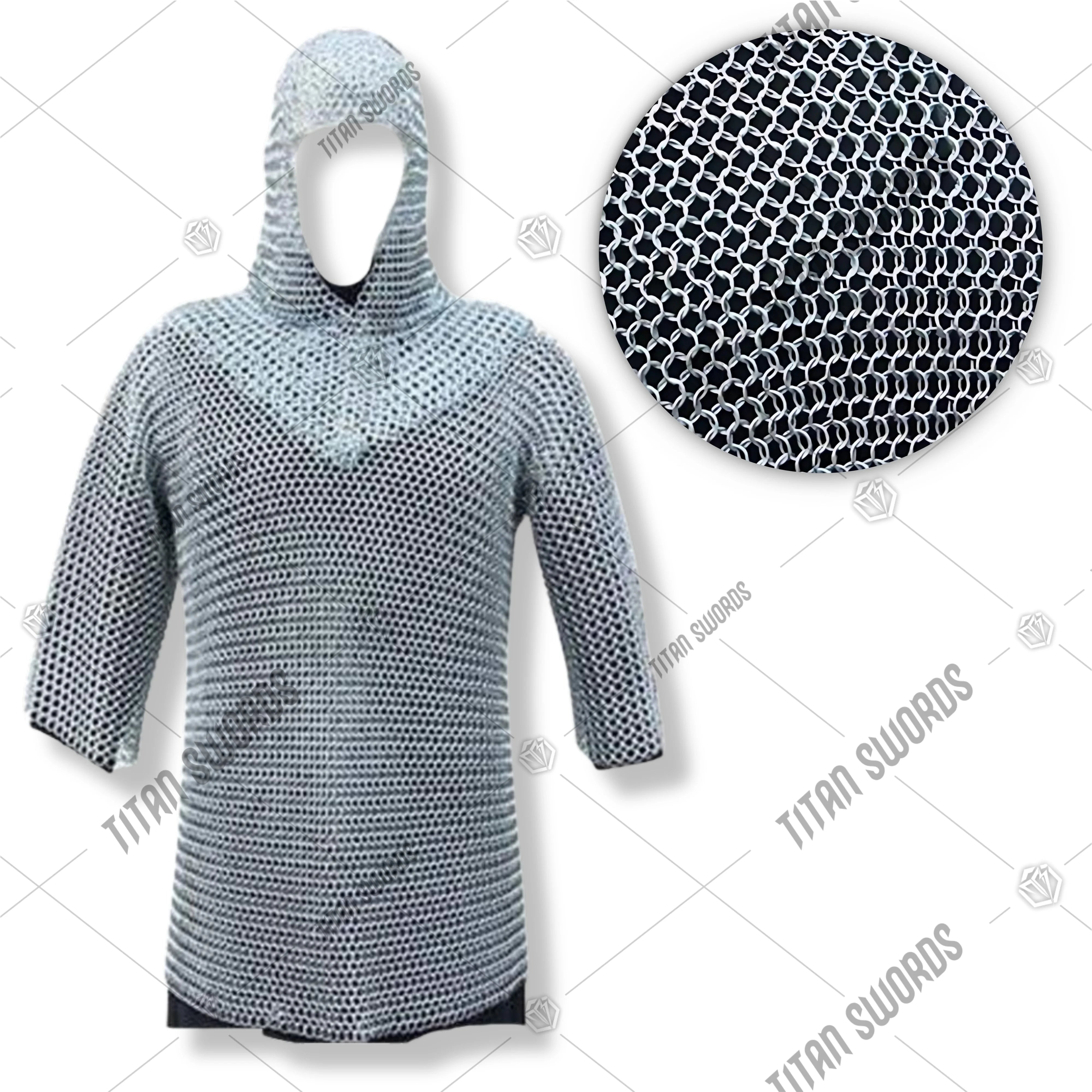 Premium Medieval Aluminum Chain Mail Shirt Hauberk Armor Set Replica with aluminum rings.