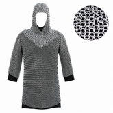 Medieval chain mail shirt hauberk prop replica – close-up ring-weave sleeve detail in forest setting