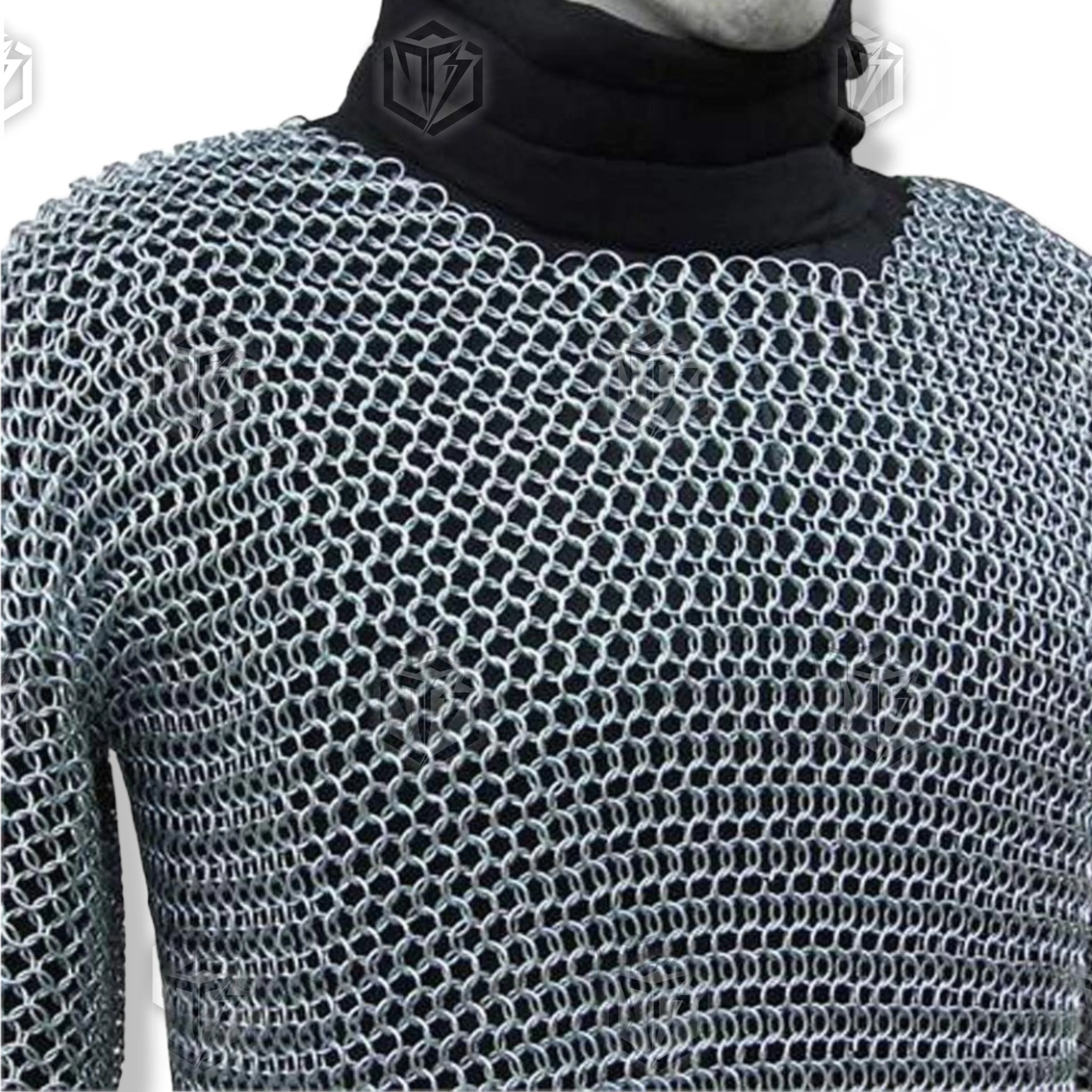 Premium Medieval Aluminum Chain Mail Shirt Hauberk Armor Set Replica with aluminum rings.