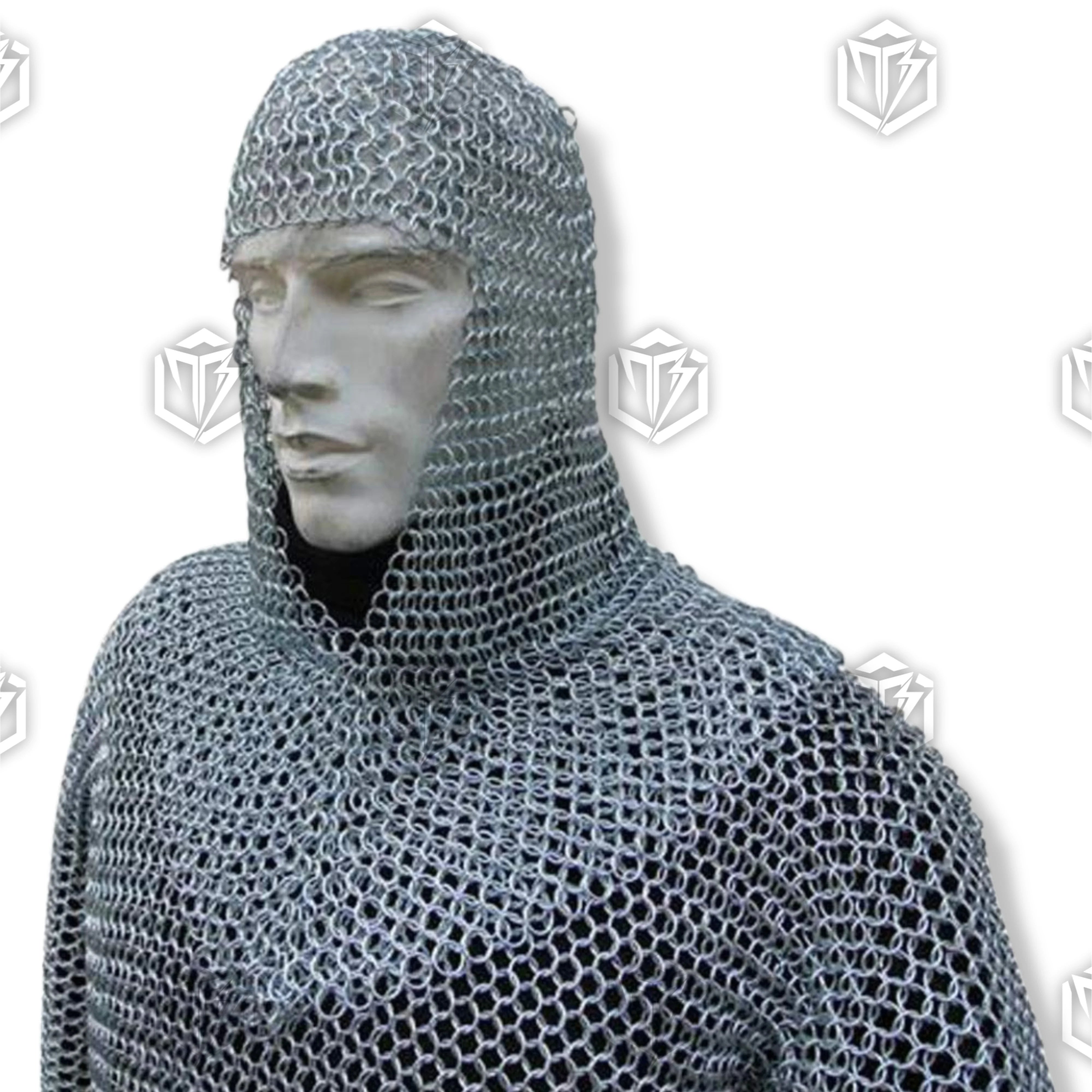 Premium Medieval Aluminum Chain Mail Shirt Hauberk Armor Set Replica with aluminum rings.