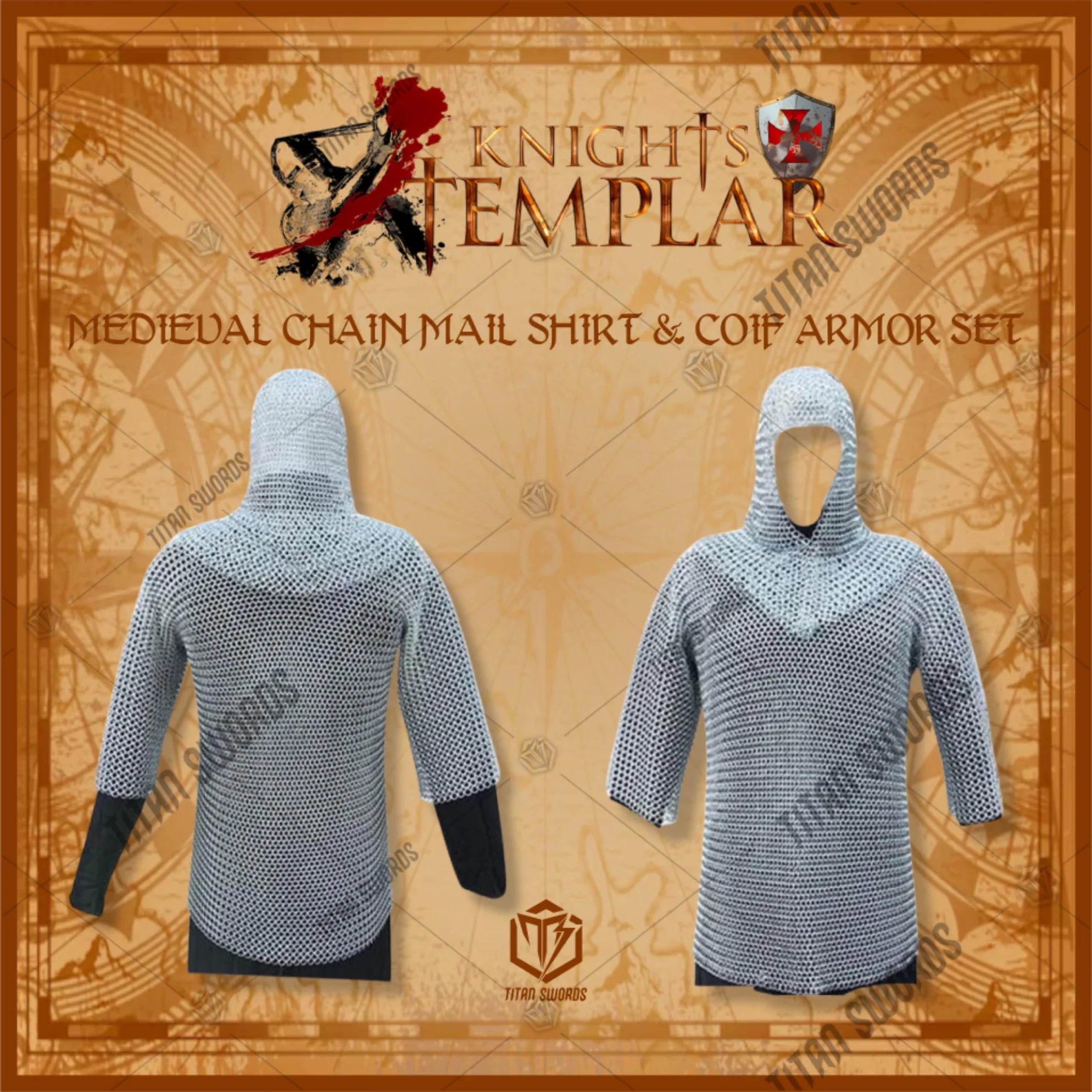 Premium Medieval Aluminum Chain Mail Shirt Hauberk Armor Set Replica with aluminum rings.