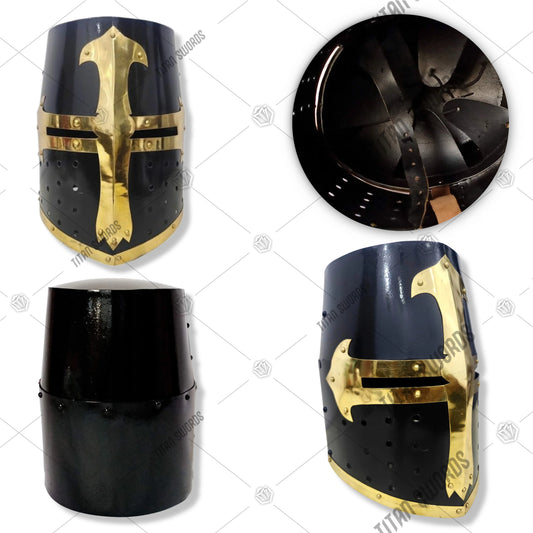 Premium Medieval Knight Templar Black Crusader Helmet Replica with high-carbon stainless steel.