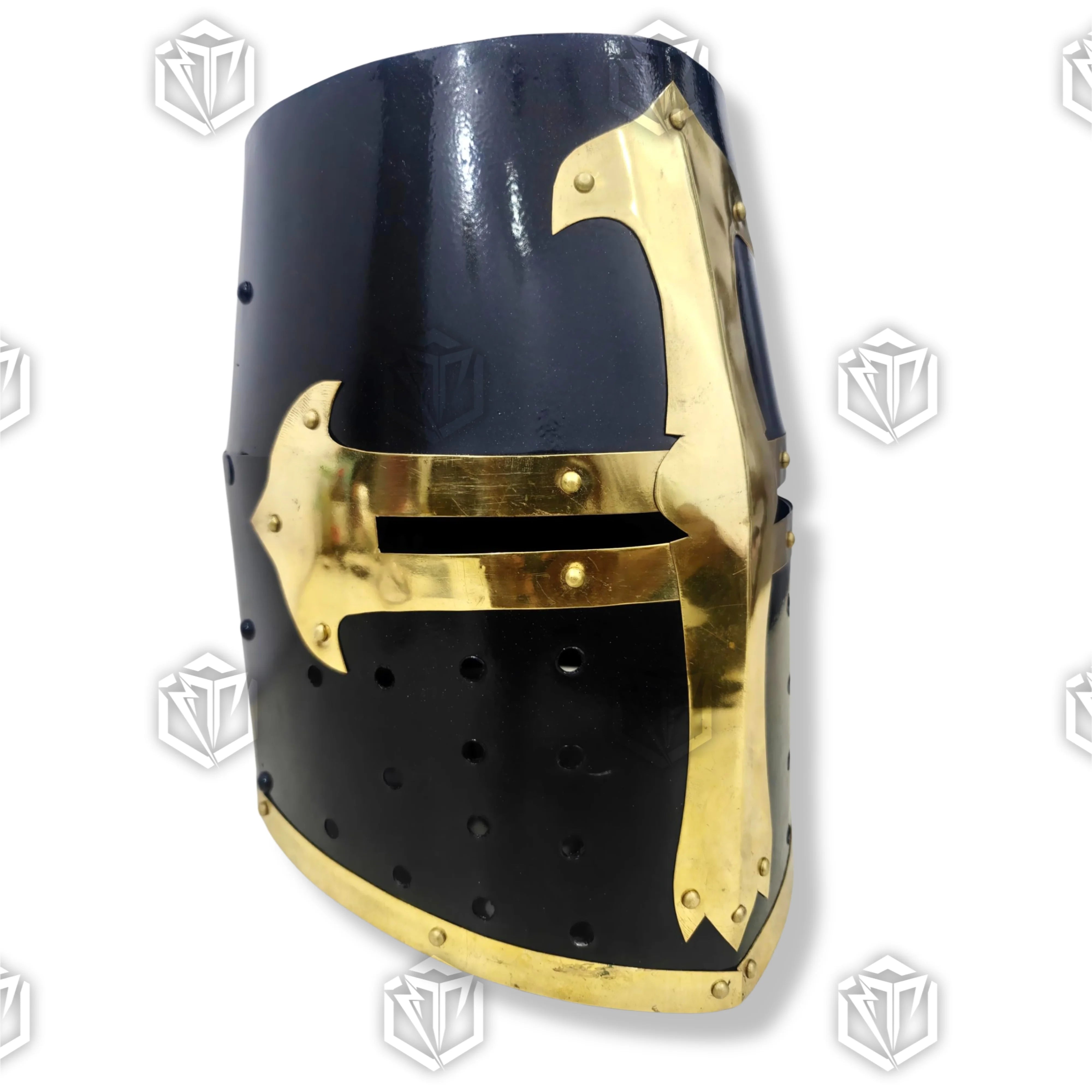 Premium Medieval Knight Templar Black Crusader Helmet Replica with high-carbon stainless steel.
