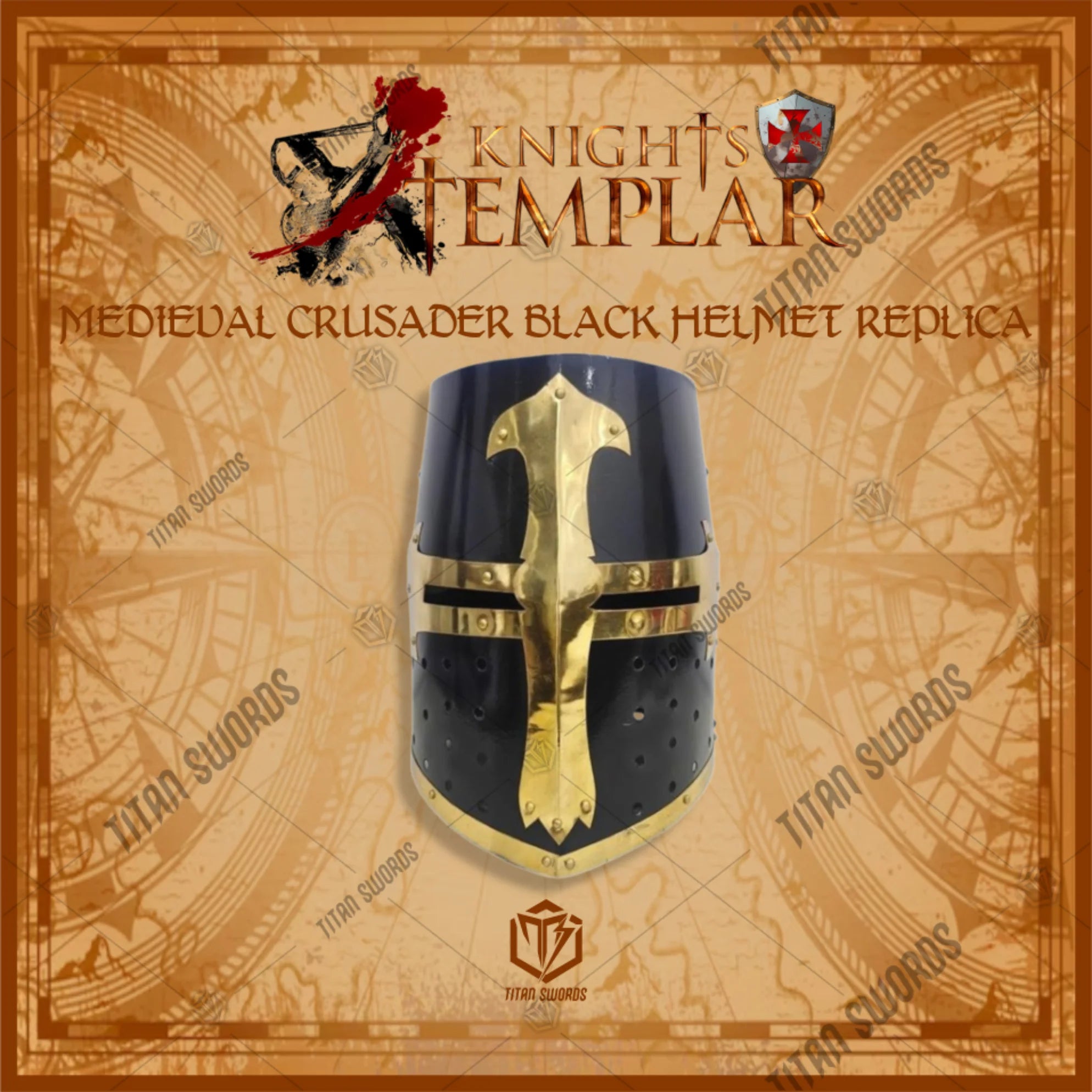 Premium Medieval Knight Templar Black Crusader Helmet Replica with high-carbon stainless steel.