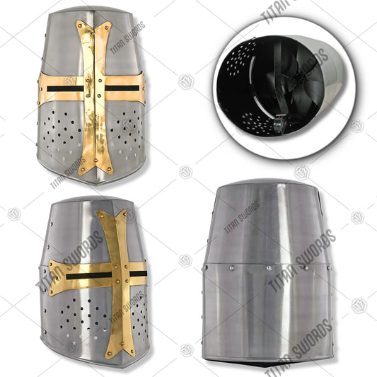 Premium Medieval Knight Templar Brass Crusader Helmet Replica with high-carbon stainless steel.