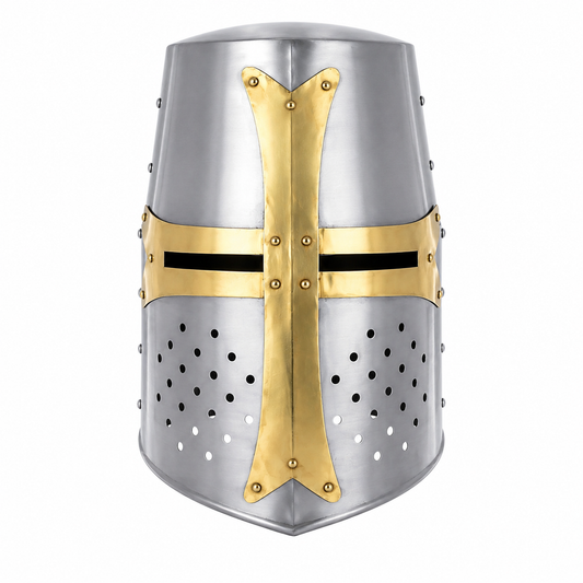 Knight Templar Great Helm display collectible resting on mossy log in forest setting – side profile view