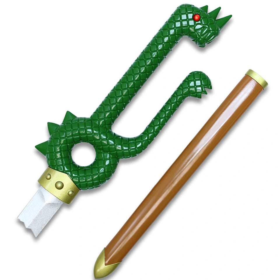 Close-up of the Meliodas Sword showing the sculpted green dragon handle, red eye details, and broken blade profile