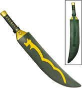 Close-up of the Meliodas Lostvayne Sword showing the dragon emblem handle, green and silver blade finish, and decorative scabbard