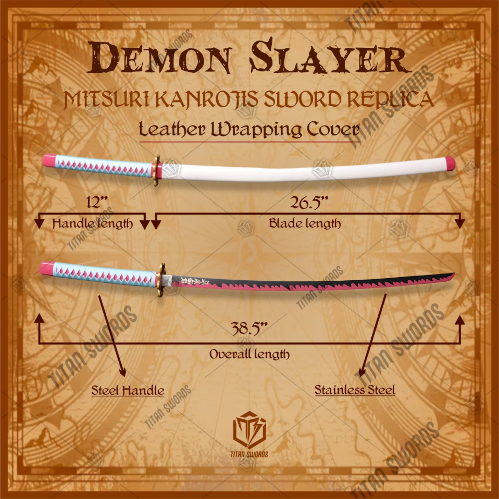 Premium Mitsuri Kanroji Nichirin Demon Slayer Sword Replica with pink flame pattern.