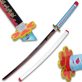 Close-up of Mitsuri Kanroji Sword showing the two-tone blade finish, decorative zinc guard, and blue cord-wrapped grip