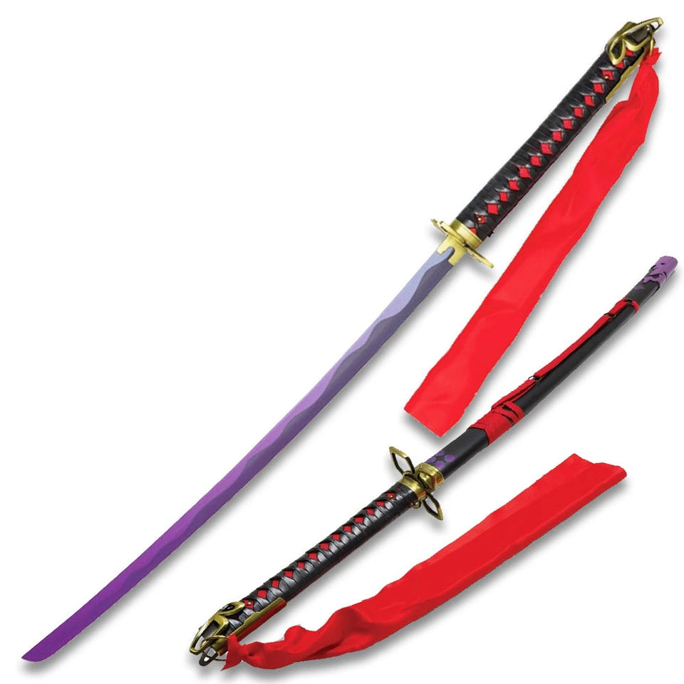 Muramasa demon katana close-up showing purple-to-silver gradient blade with black and red diamond-wrapped tsuka, antique brass tsuba with ring detail, and flowing red silk bag on white background