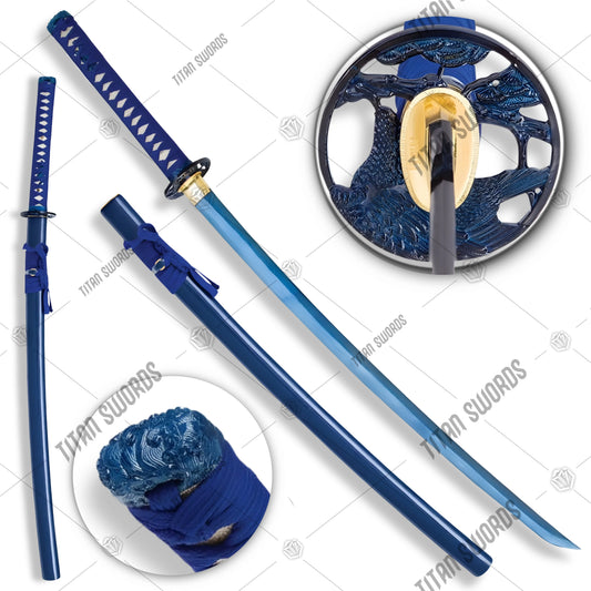 Premium Musha Hand-forged Blue Katana Samurai Damascus Sword with damascus steel.