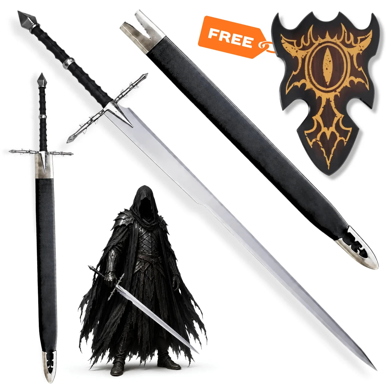 Nazgul Ringwraith sword LOTR prop replica with black scabbard and Eye of Sauron wall display plaque