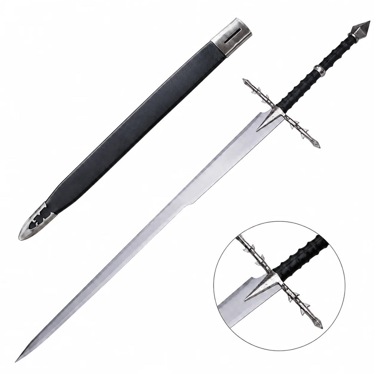 Nazgul Ringwraith sword prop replica in black scabbard with silver thorn locket resting on mossy boulder in golden sunlit forest – LOTR dark fantasy collectible