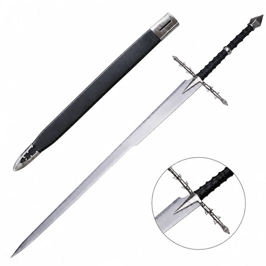Nazgul Sword of Ringwraiths LOTR display replica with silver-tone blade section, black wrapped handle, ornate silver guard, and black scabbard for collectible fantasy decor