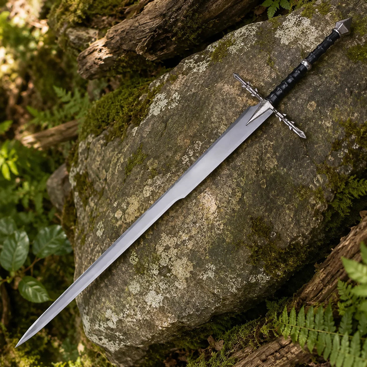 Nazgul Sword of Ringwraiths LOTR display replica with silver-tone blade section, black wrapped handle, ornate silver guard, and black scabbard for collectible fantasy decor