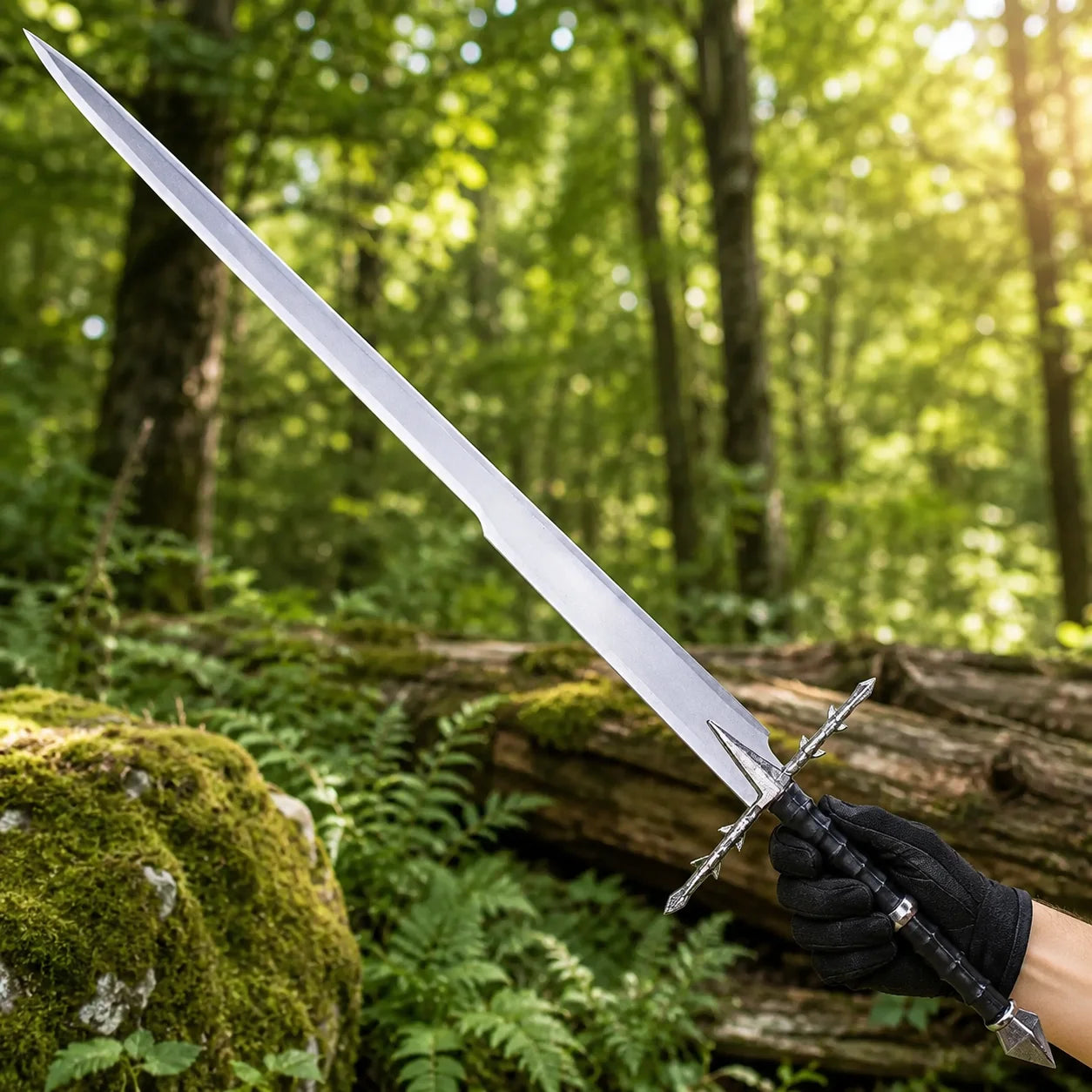 Nazgul Sword of Ringwraiths LOTR display replica with silver-tone blade section, black wrapped handle, ornate silver guard, and black scabbard for collectible fantasy decor
