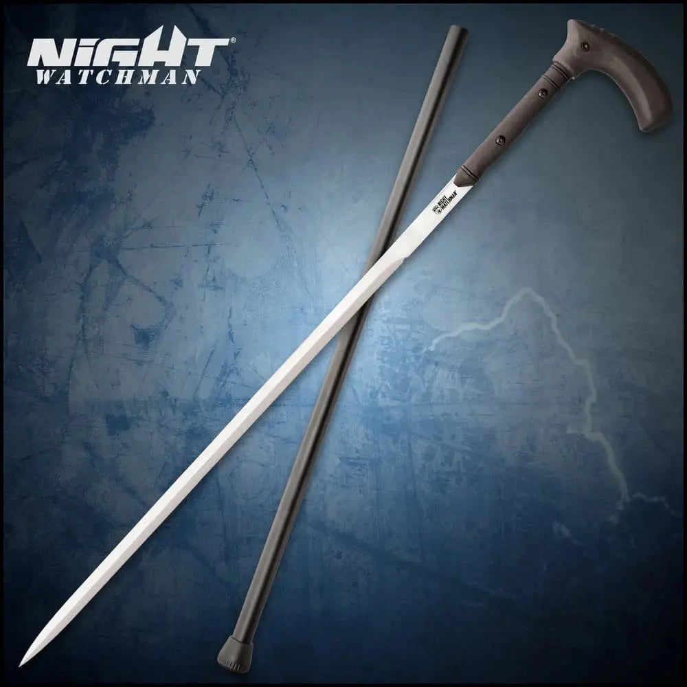 Night Watchman Sword Cane full assembled display – black walking cane and blade collectible flat lay