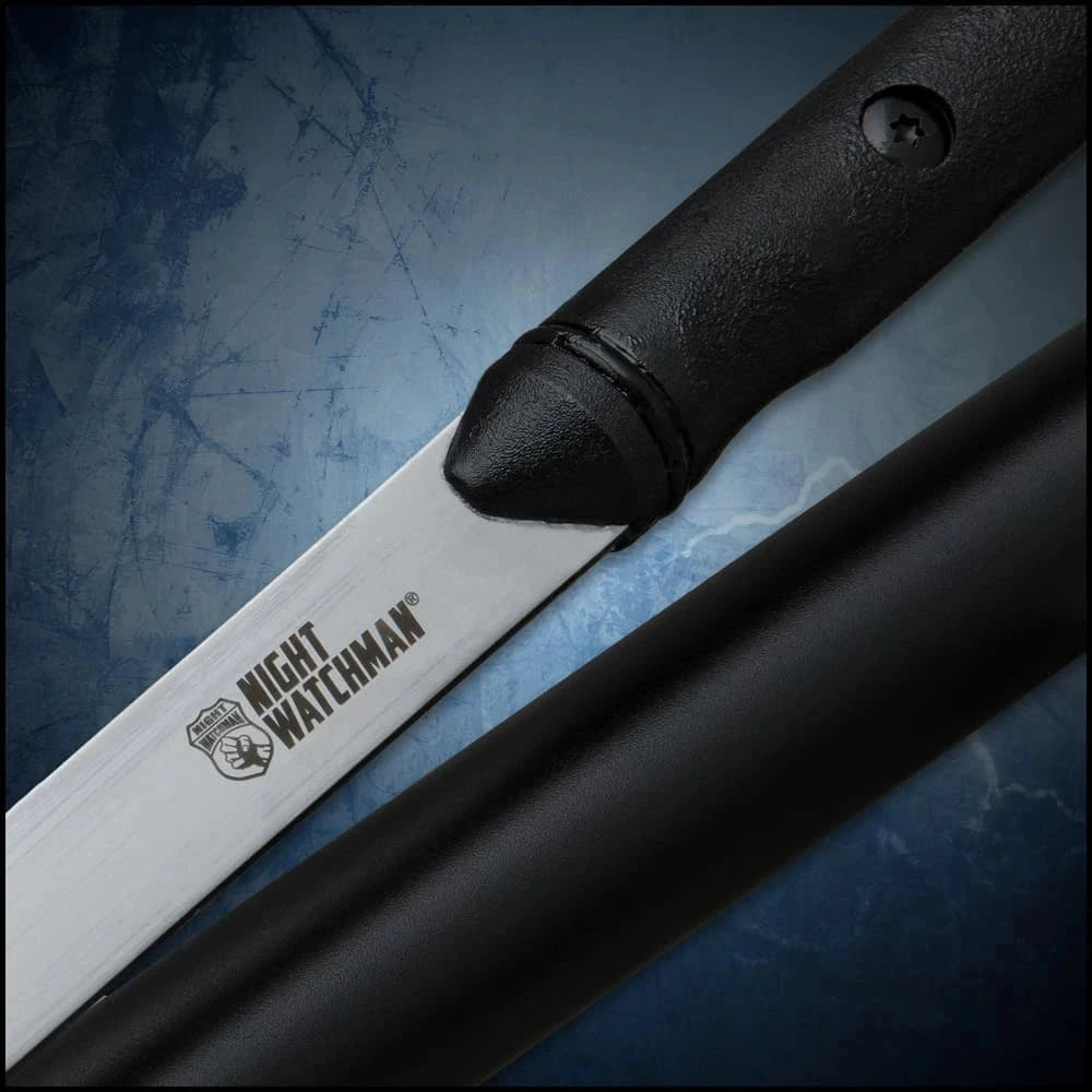 Night Watchman Sword Cane blade detail closeup – stainless display blade with branded etching