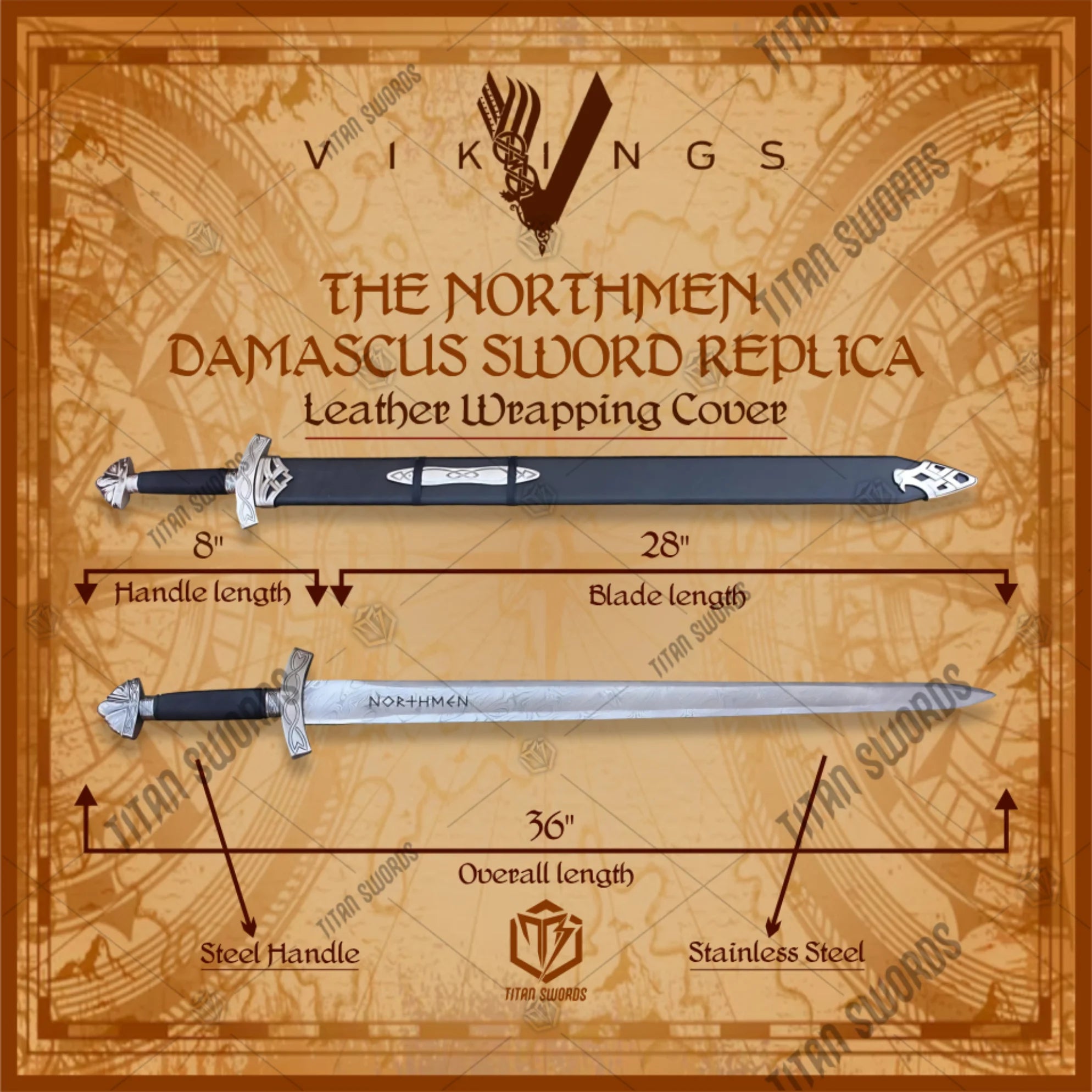 Premium Northmen Damascus Sword Viking Replica with hand-forged steel.