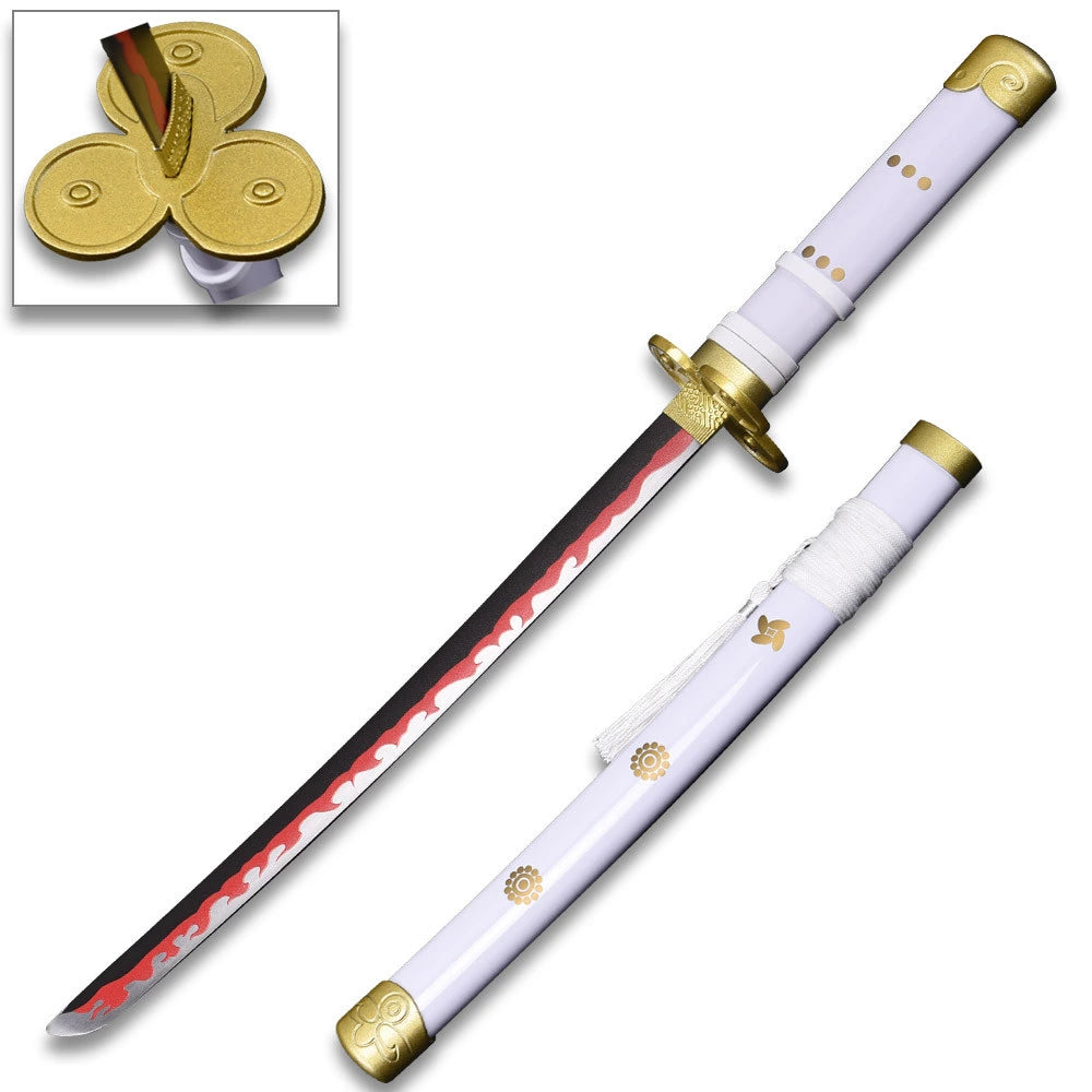 Full-length Ame no Habakiri Mini Katana One Piece collectible displayed with its matching decorative scabbard showcasing premium craftsmanship, compact display size, elegant styling, and outstanding presentation for anime collections.