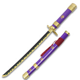Purple Enma Mini Katana One Piece collectible inspired by Roronoa Zoro featuring premium decorative purple finish, matching scabbard, wrapped handle, elegant craftsmanship, and collector-quality presentation for anime enthusiasts and cosplay displays.