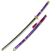 Enma Wood Katana One Piece collectible inspired by Roronoa Zoro featuring premium wooden craftsmanship, decorative black blade, matching purple plastic scabbard, and detailed anime styling for collectors and cosplay enthusiasts.