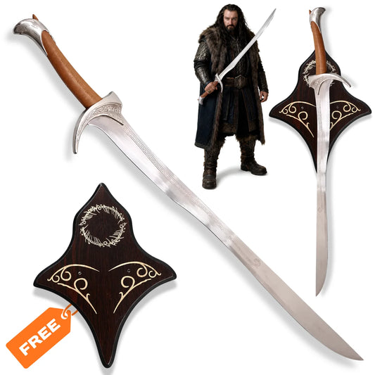 Orcrist sword Thorin Oakenshield Hobbit prop replica with brown handle and decorative Elven wall display plaque