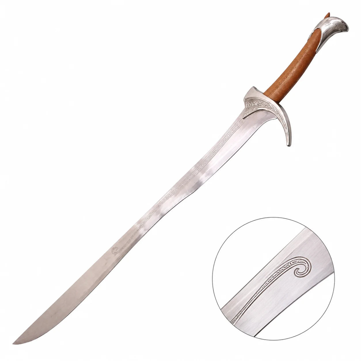 Orcrist sword prop replica on mossy rock in sunlit forest showing full curved polished silver Elvish blade with Elvish spiral scroll engraving ornate crescent crossguard brown leather grip and silver pommel cap – Hobbit display collectible