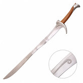 Orcrist sword prop replica on mossy rock in sunlit forest showing full curved polished silver Elvish blade with Elvish spiral scroll engraving ornate crescent crossguard brown leather grip and silver pommel cap – Hobbit display collectible