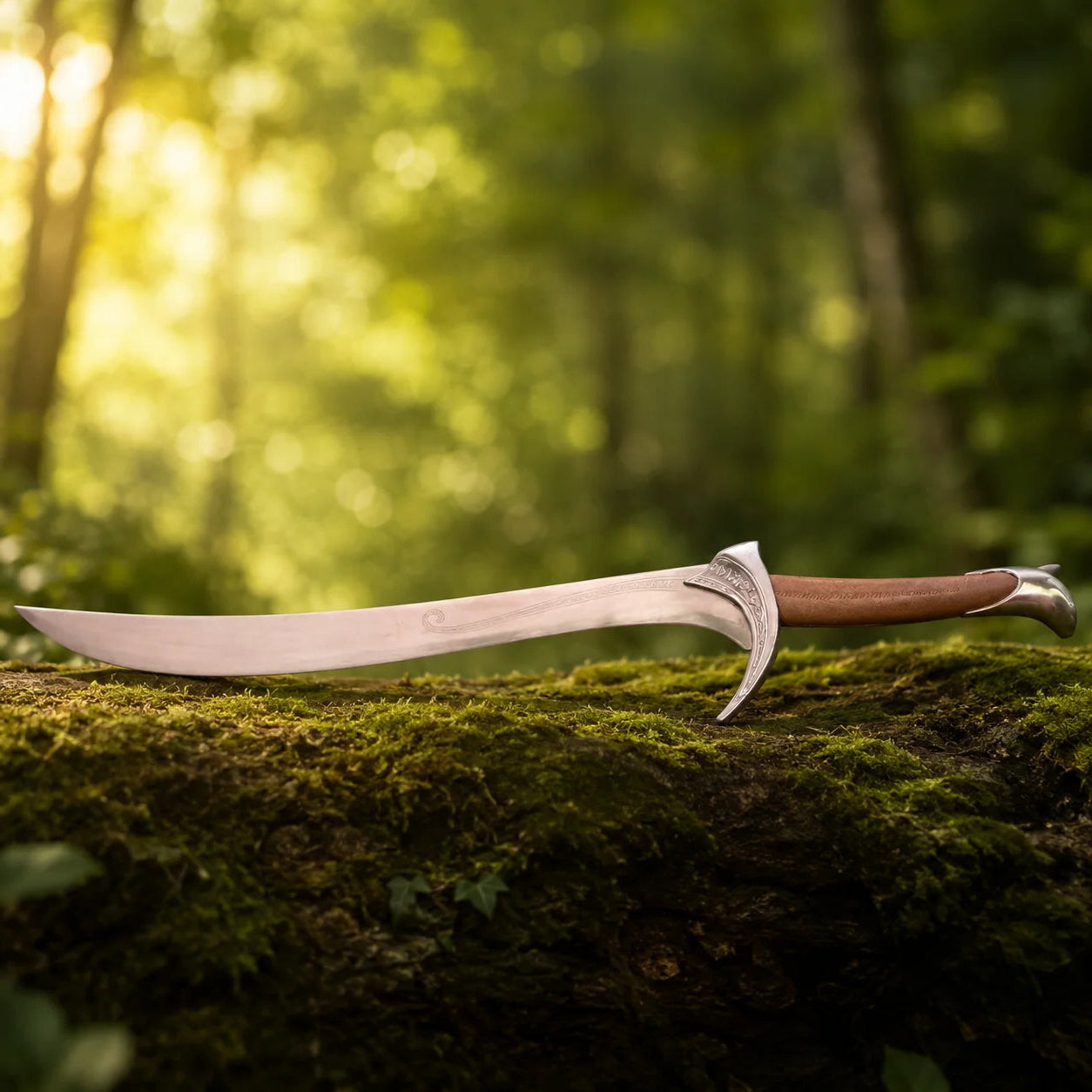 Orcrist sword prop replica held aloft in gloved hand in sunlit forest showing full curved polished silver Elvish blade with Elvish spiral engraving ornate crescent crossguard and brown leather grip – Hobbit cosplay prop