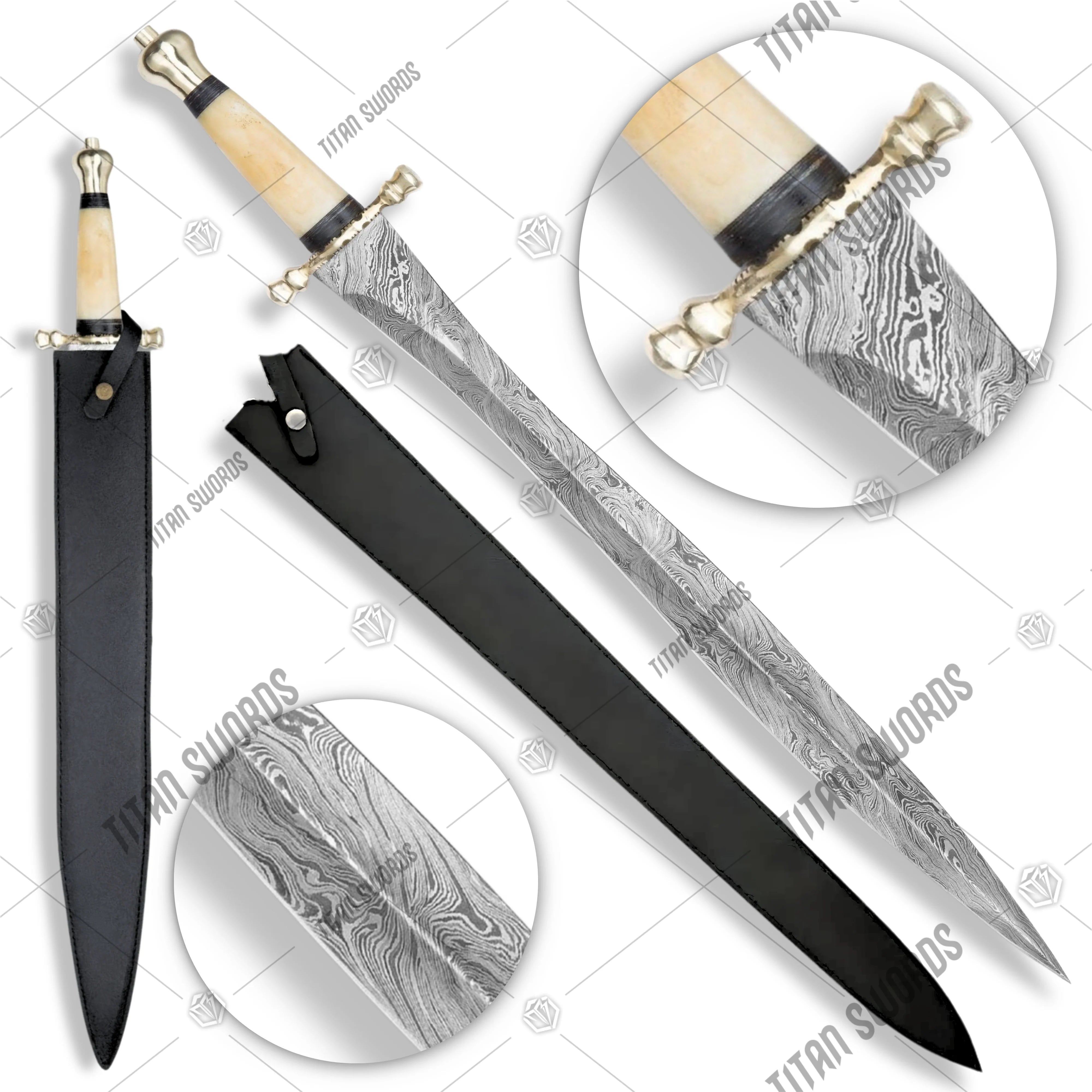 Premium Persian Carved Bone Legends In Steel Damascus Sword with damascus steel.