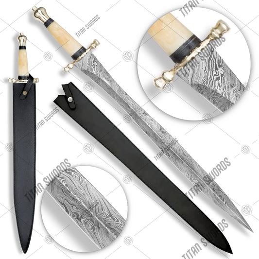 Premium Persian Carved Bone Legends In Steel Damascus Sword with damascus steel.