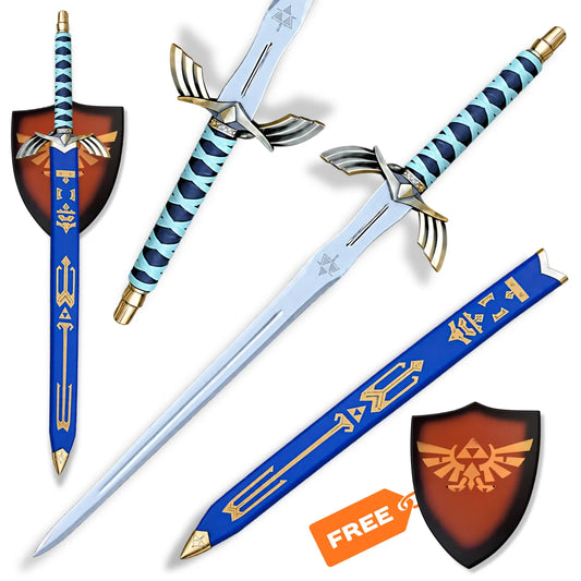 Link Ornate Prophecy Sword prop replica inspired by Legend of Zelda with silver blade, gold winged guard, blue handle and blue scabbard