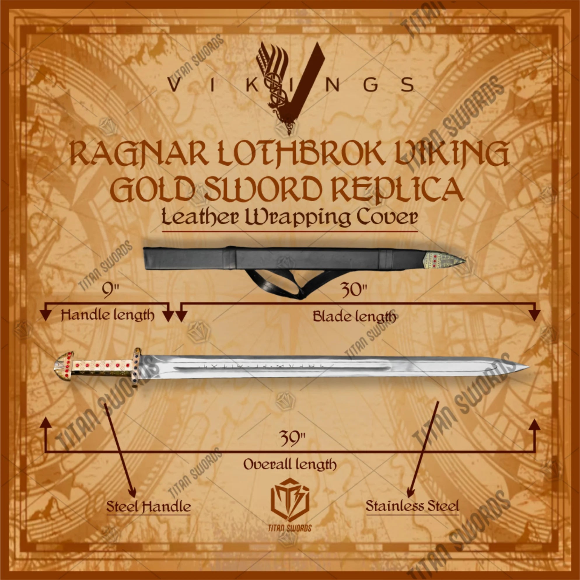 Premium Ragnar Lothbrok Viking Gold Edition Sword Replica with stainless steel.