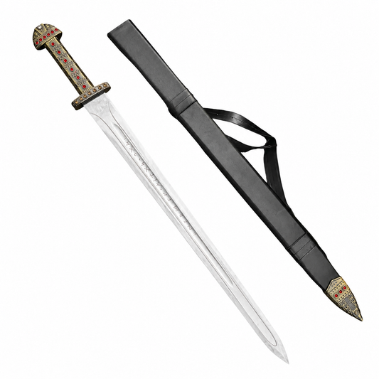 Ragnar Lothbrok sword prop replica blade close-up with Norse rune engravings – display piece