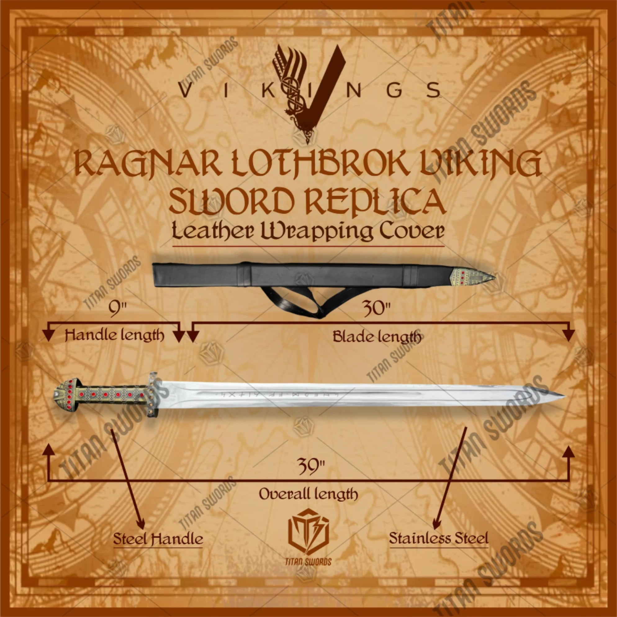 Premium Ragnar Lothbrok Viking Sword Replica with stainless steel.