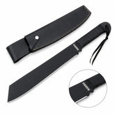Rambo IV Machete prop replica held in gloved hand in sunlit green jungle forest showing wide black matte display finish cleaver-style blade with RAMBO engraving near ricasso and black leather-wrapped handle with finger-notch guard – John Rambo 2008 movie display collectible